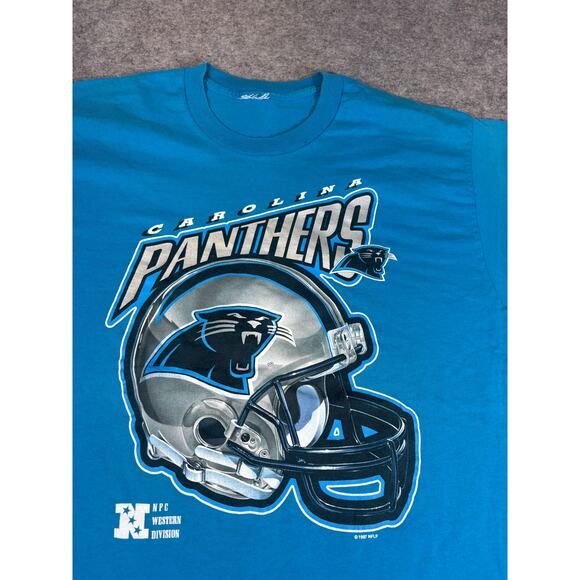 Vintage 90s Carolina Panthers Helmet NPC NFL Football T Shirt Mens Large Blue - Picture 2 of 6